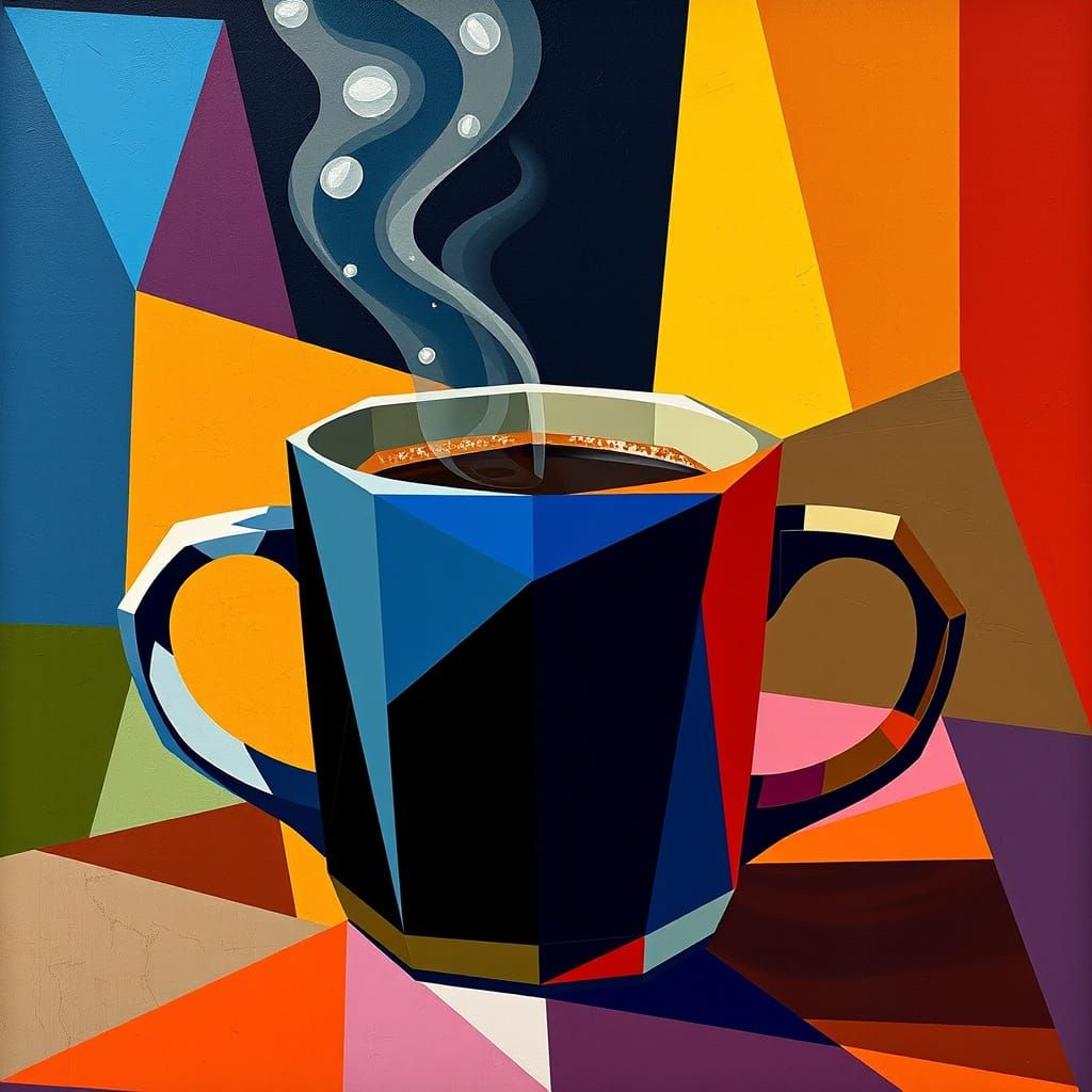 Cubist Coffee Mug with Angular Geometry, Vibrant Colors