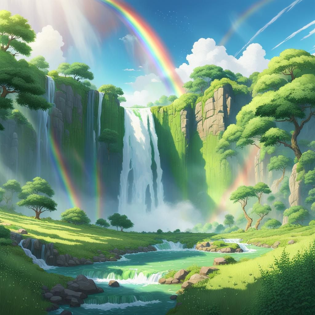 Green Rural Landscape with Waterfall in Anime Style