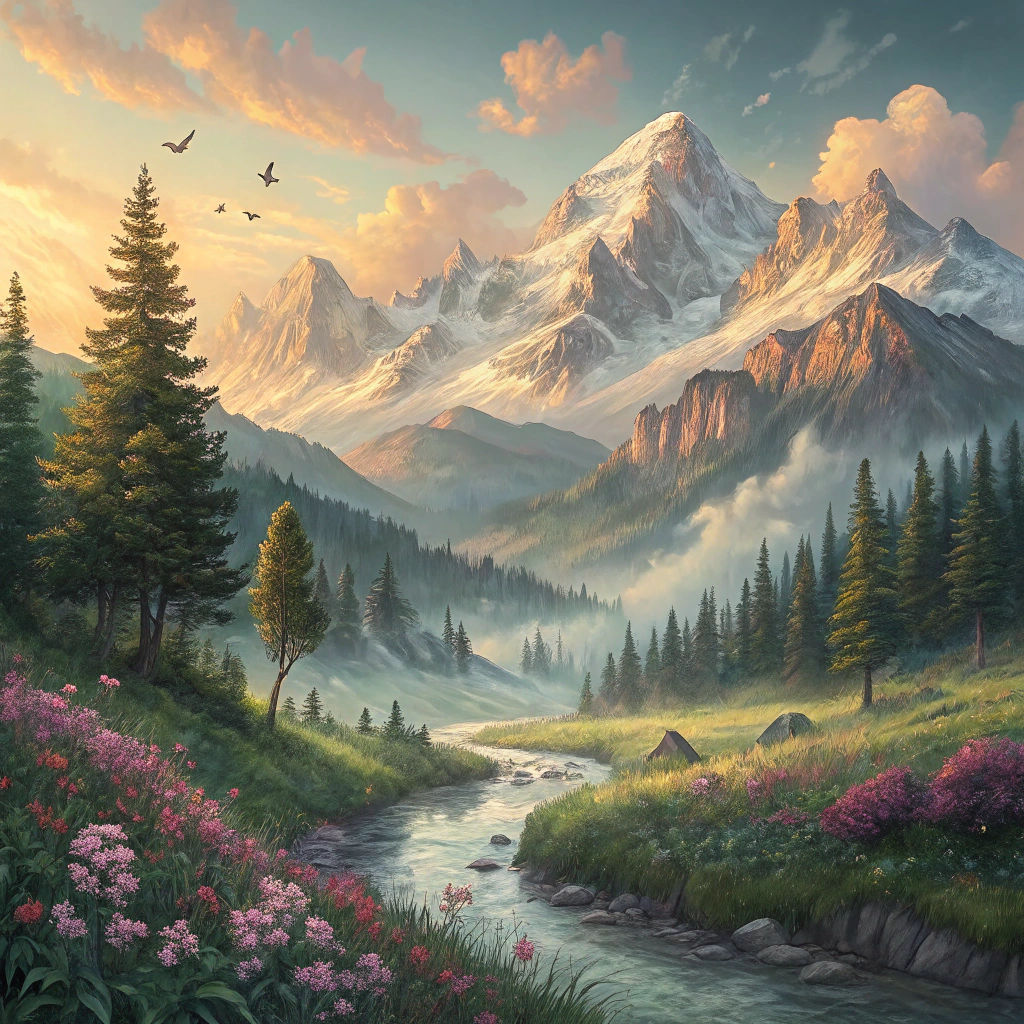 Misty Mountain Sunrise Landscape in Hyperrealism