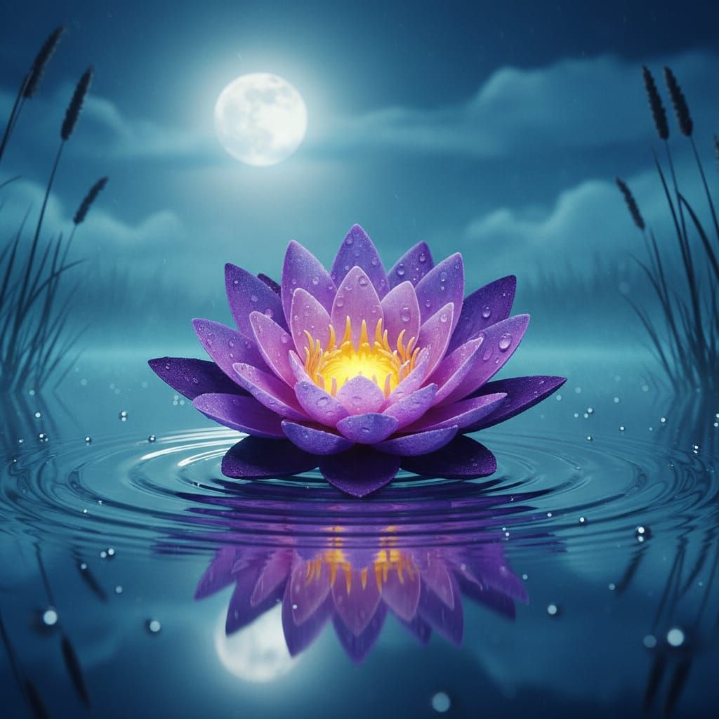 Moonlit Pond With Purple Lotus Bloom