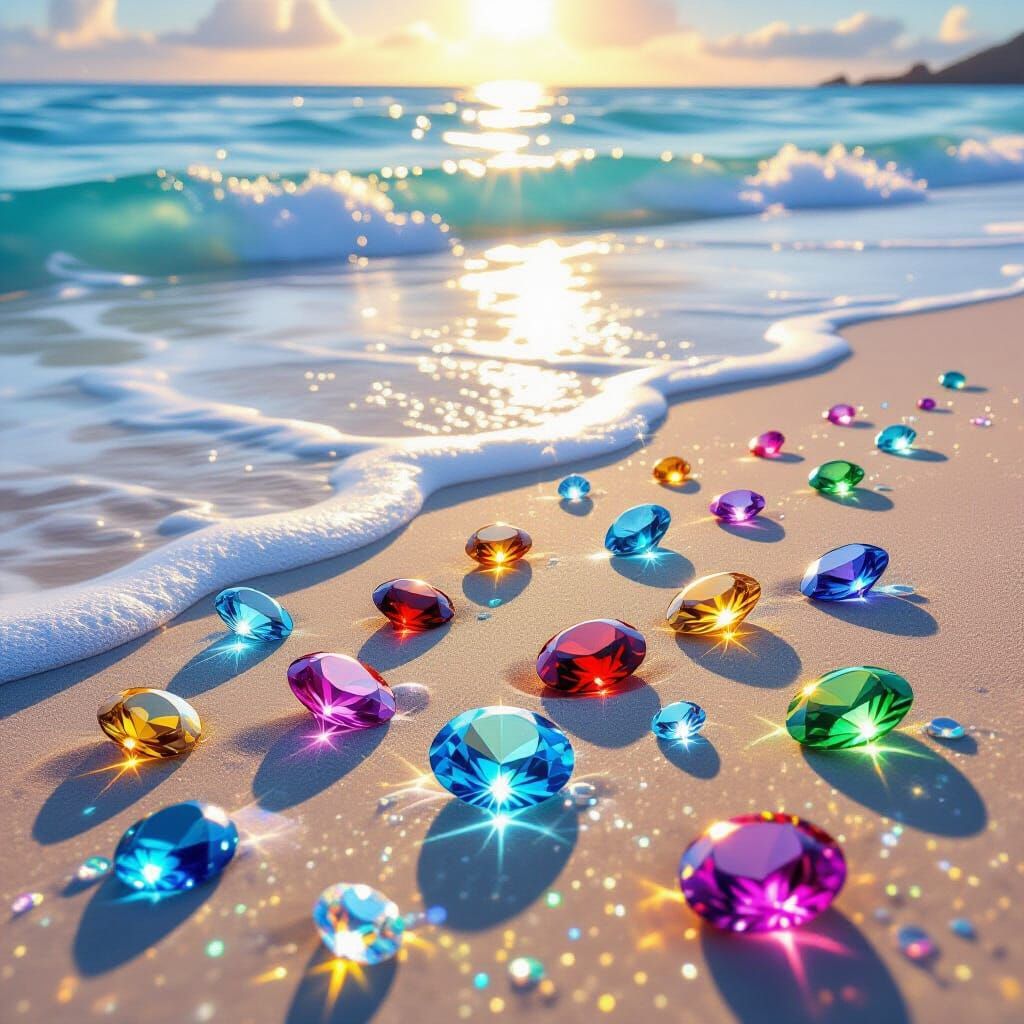 Ocean Beach with Sparkling Gemstones in Hyperrealistic Style