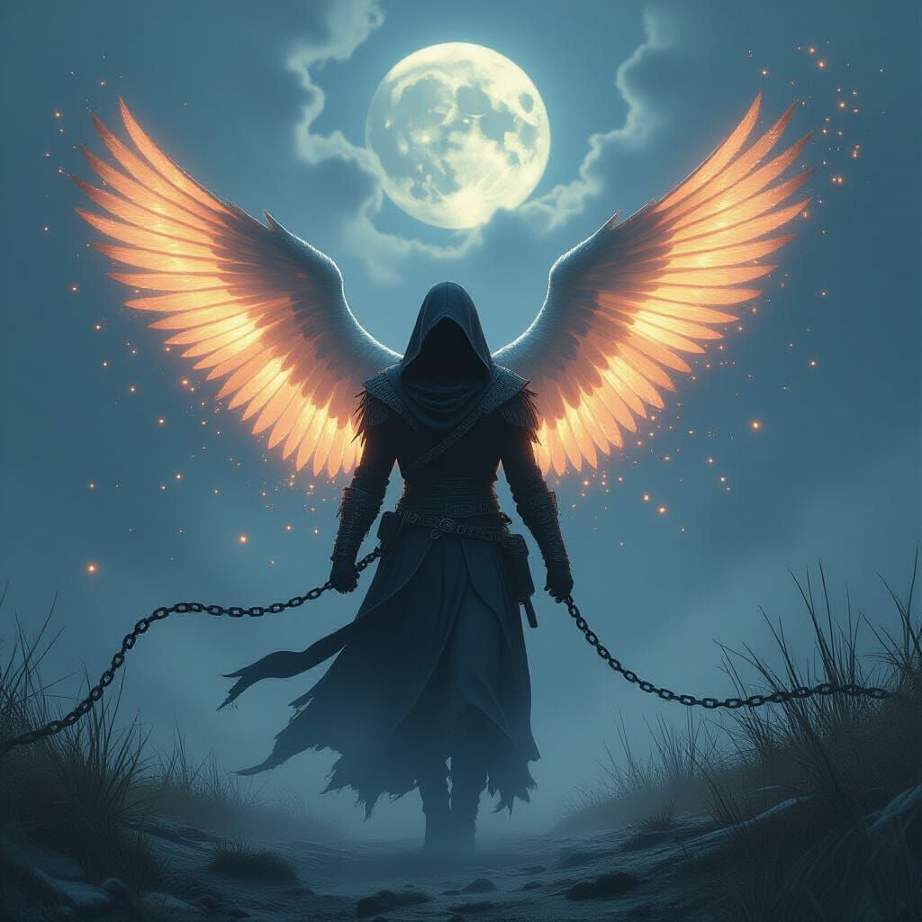 Winged Figure Ascending into Stormy Sky