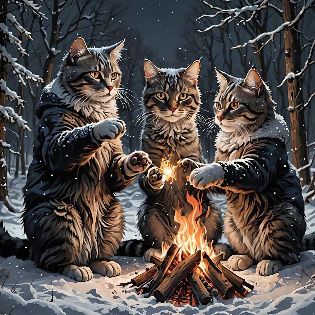 Cats Warm Hands Around Bonfire in Snowy Forest