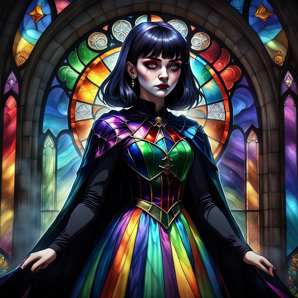 Hyperrealistic Stained Glass Goth Witch in Rainbow Dress