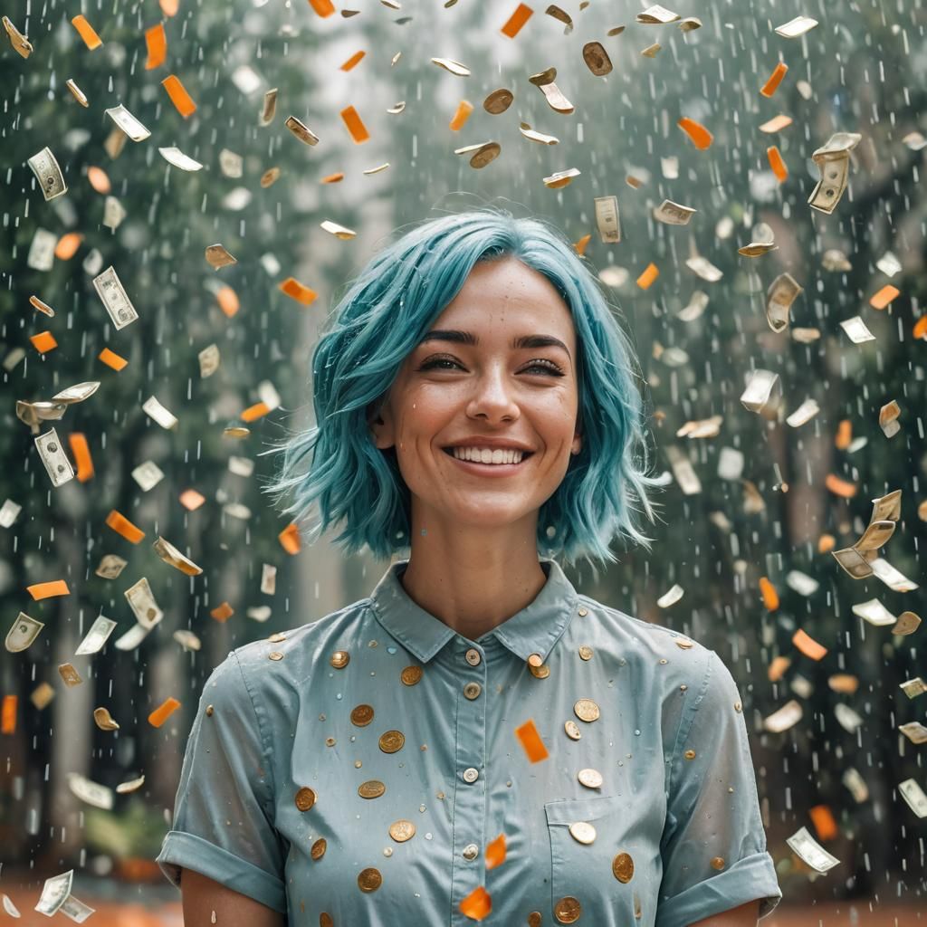 Happy Girl in Money Rain: Digital Portrait