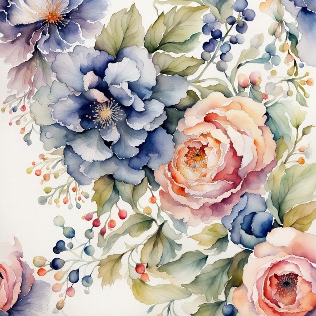 Vibrant Floral Watercolors in an Ornate Style