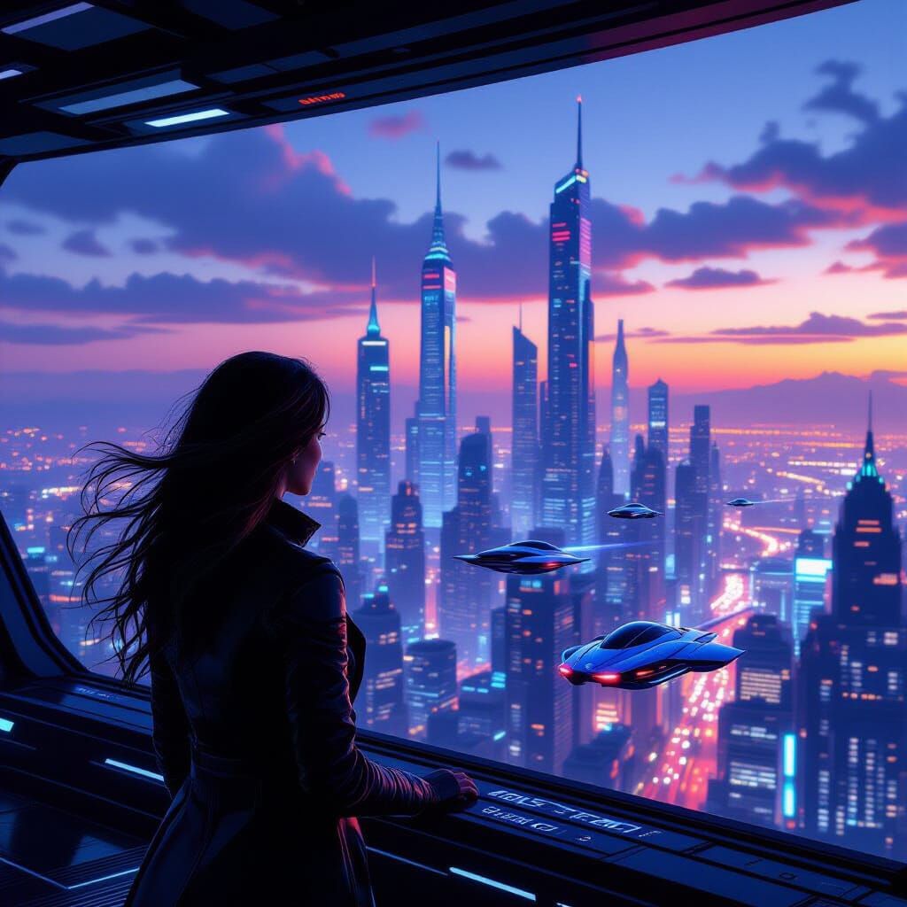 Woman Gazes Over Neon Cyberpunk Metropolis at Dusk