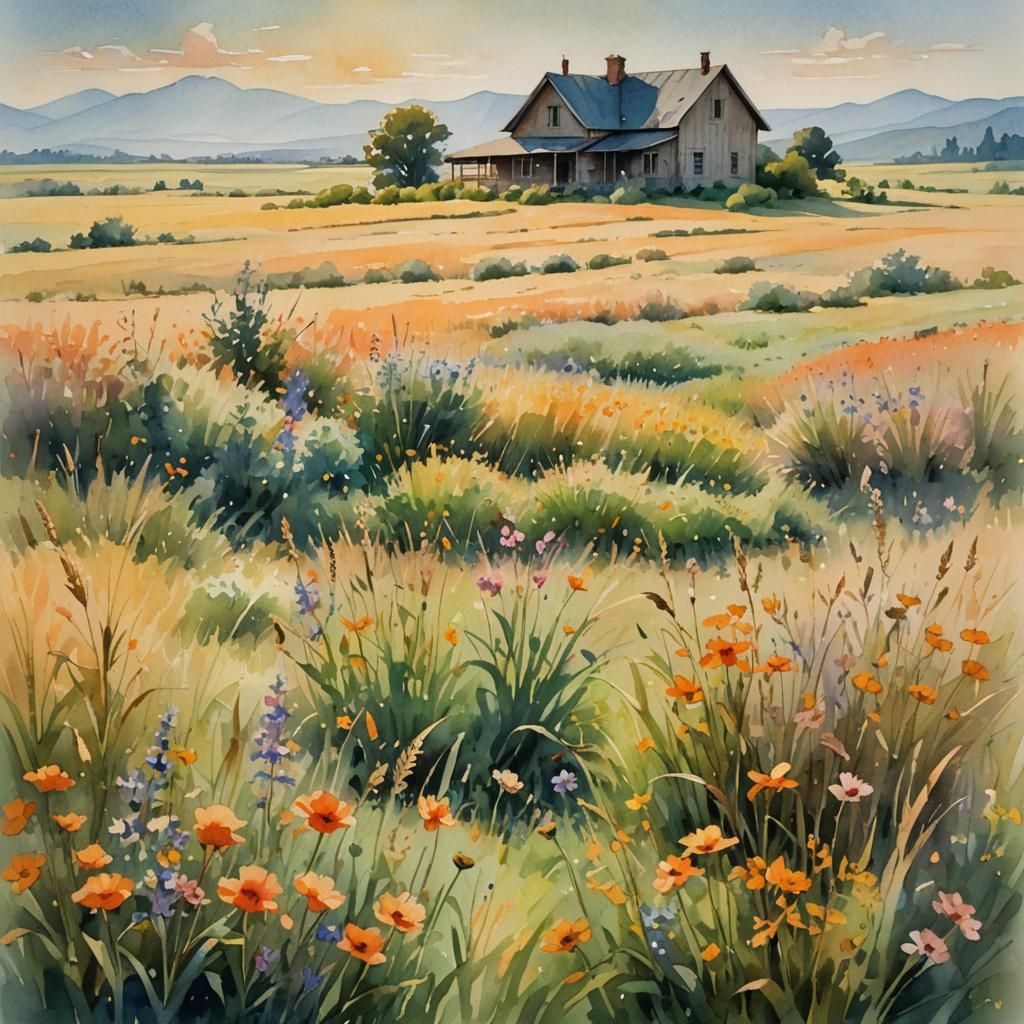 Farmhouse in Field: Watercolor Impressionism Landscape