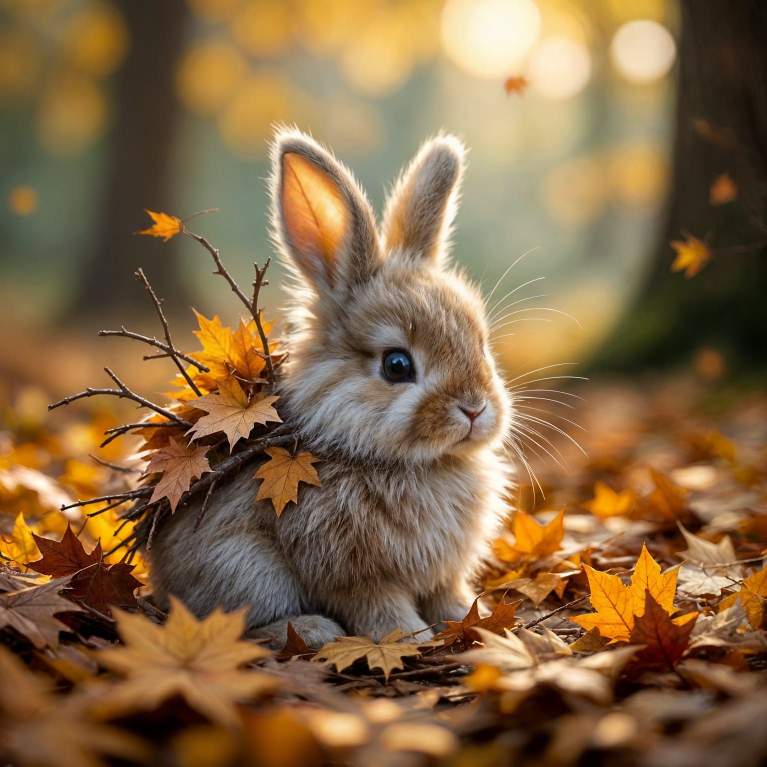 Fluffy Bunny with Twig Spikes in Cozy Woodland Autumn
