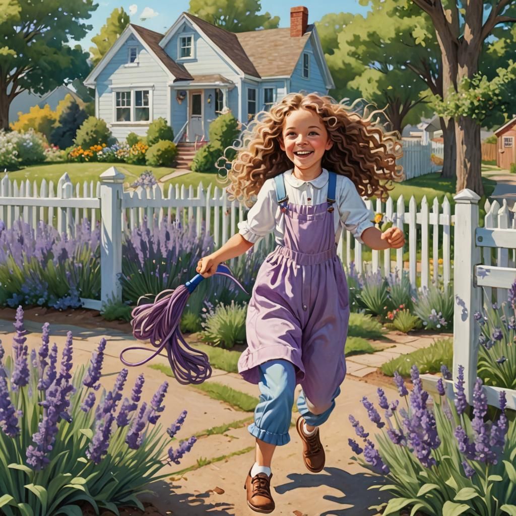 Girls Play Jump Rope in Lavender Garden