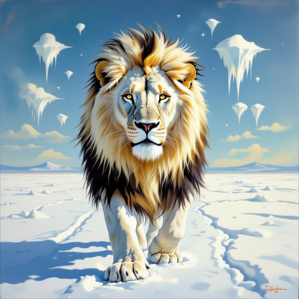 Majestic White Lion in Snow, Surreal Oil Painting