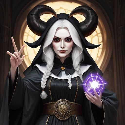 A human witch with ram's horns wearing a librarian's robes i...