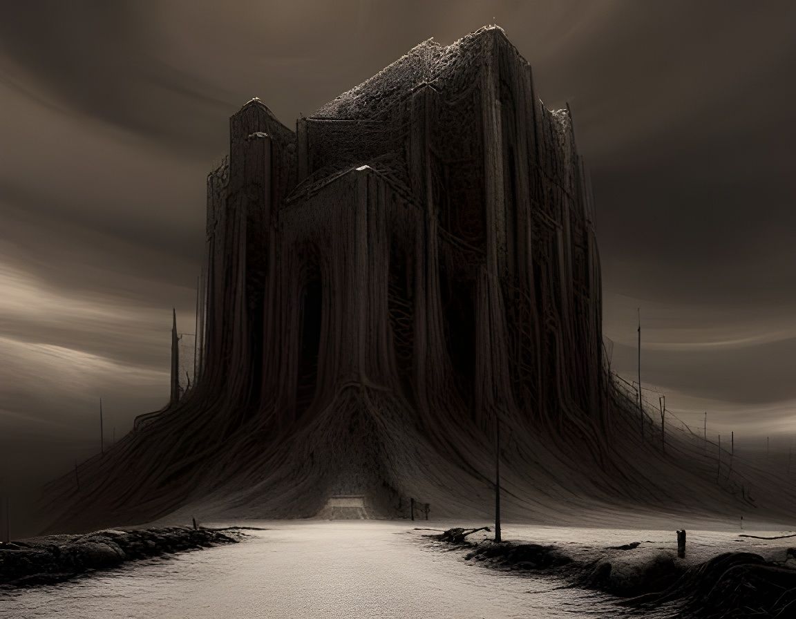 Ominous Dystopian Panorama in Dark Abstract Style