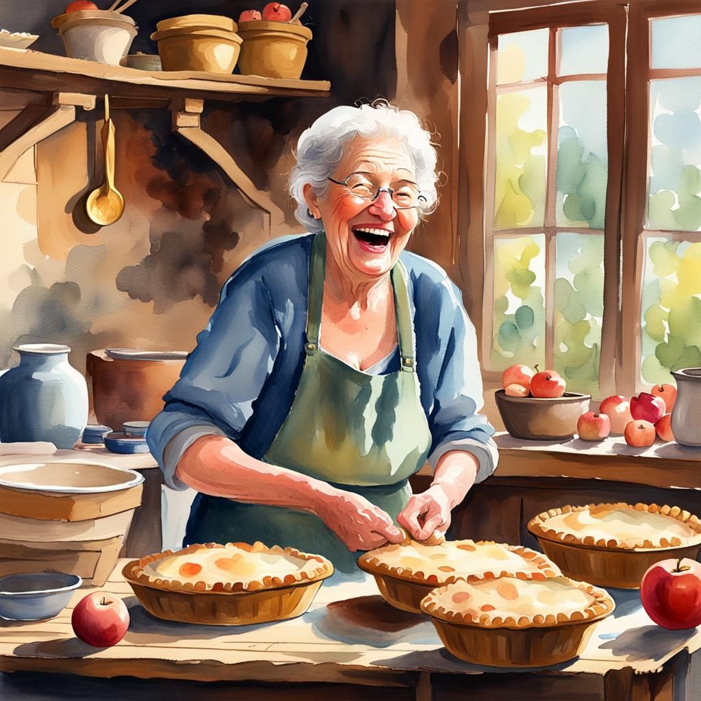 Joyful Old Woman Baking Apple Pies in Watercolour