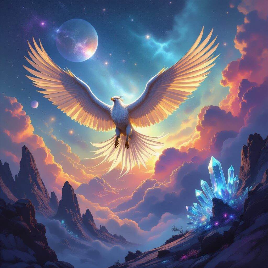 Majestic Griffin Soars Over Alien Planet in Cosmic Sky