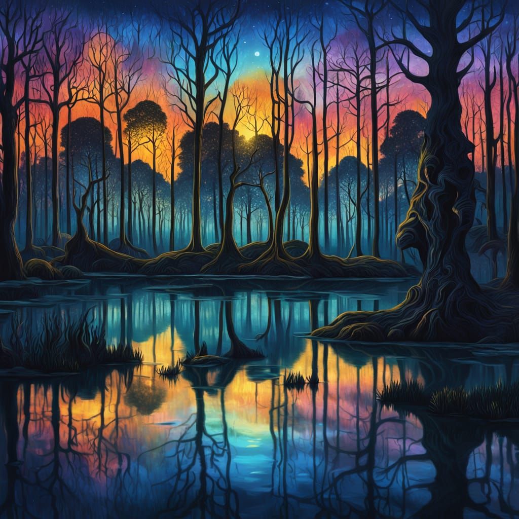Mystical Forest Pond at Night in Surreal Oil Painting