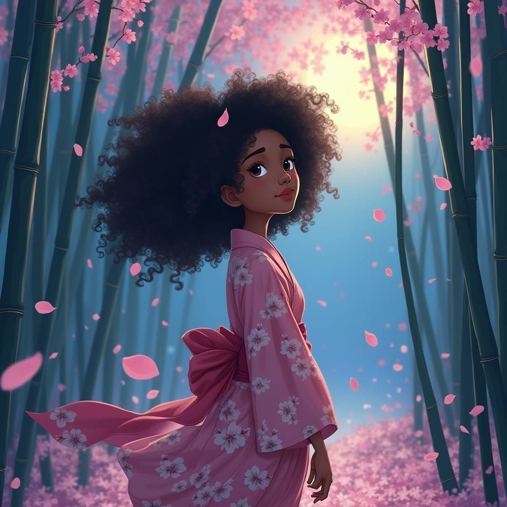 Anime Woman in Kimono with Cherry Blossoms