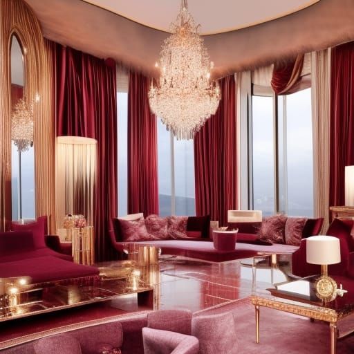 Vain luxurious mirror penthouse with mirror walls with Rose gold accents& what was gold windows& Burgundy red curtains& ...