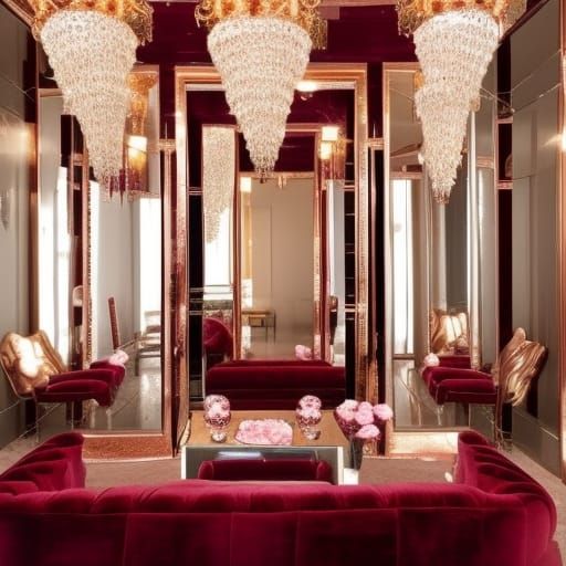 Vain luxurious mirror penthouse with mirror walls with Rose gold accents& what was gold windows& Burgundy red curtains& ...