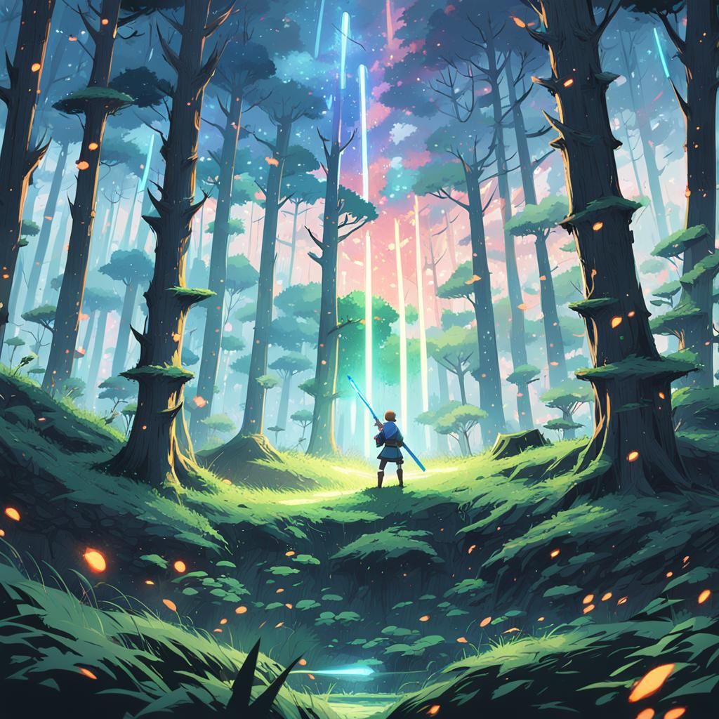 Link with Lightsaber in Mystical Anime Forest