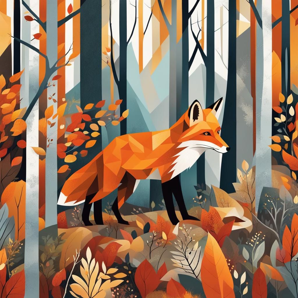 Fox Playing in Autumn Forest: Abstract Art