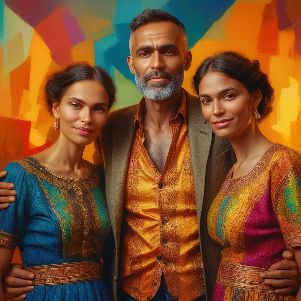 Man with Two Wives: Vibrant Oil Painting Portrait