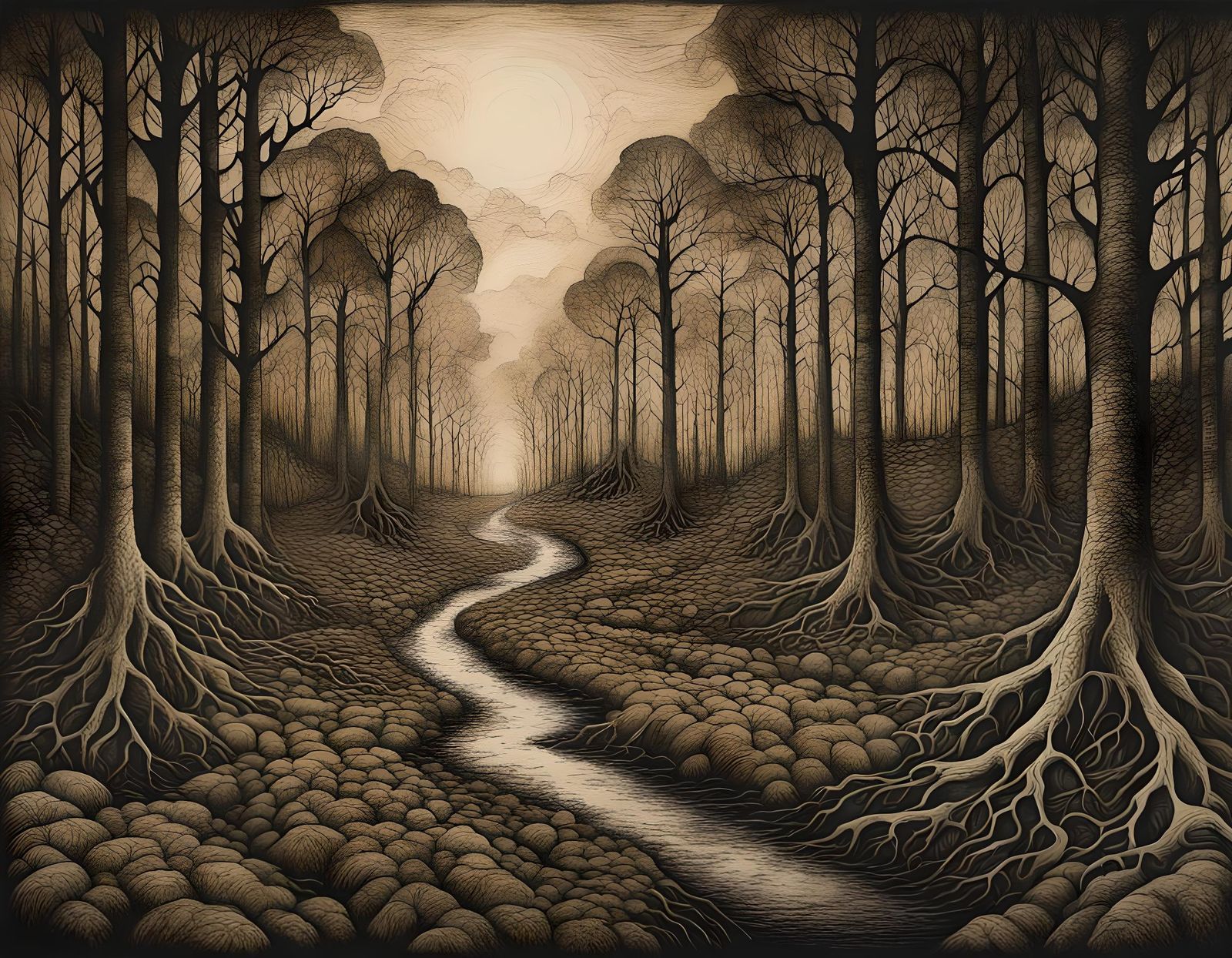 Dystopian Earthy Nature Etching