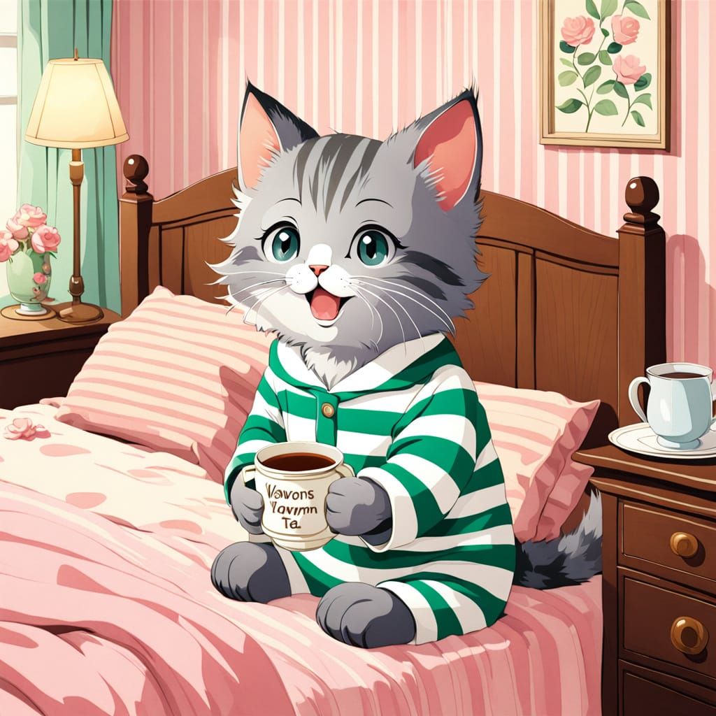 Vintage-Style Kitten in Cozy Tea Time Setting