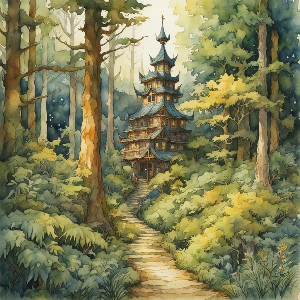 Colorful Anime Forest Landscape in Watercolor