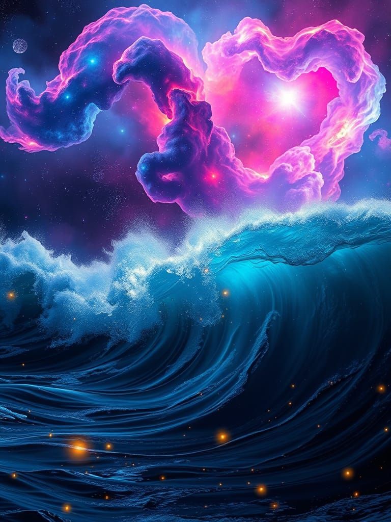 Cosmic Nebula Unfolds Across Turbulent, Shimmering Ocean