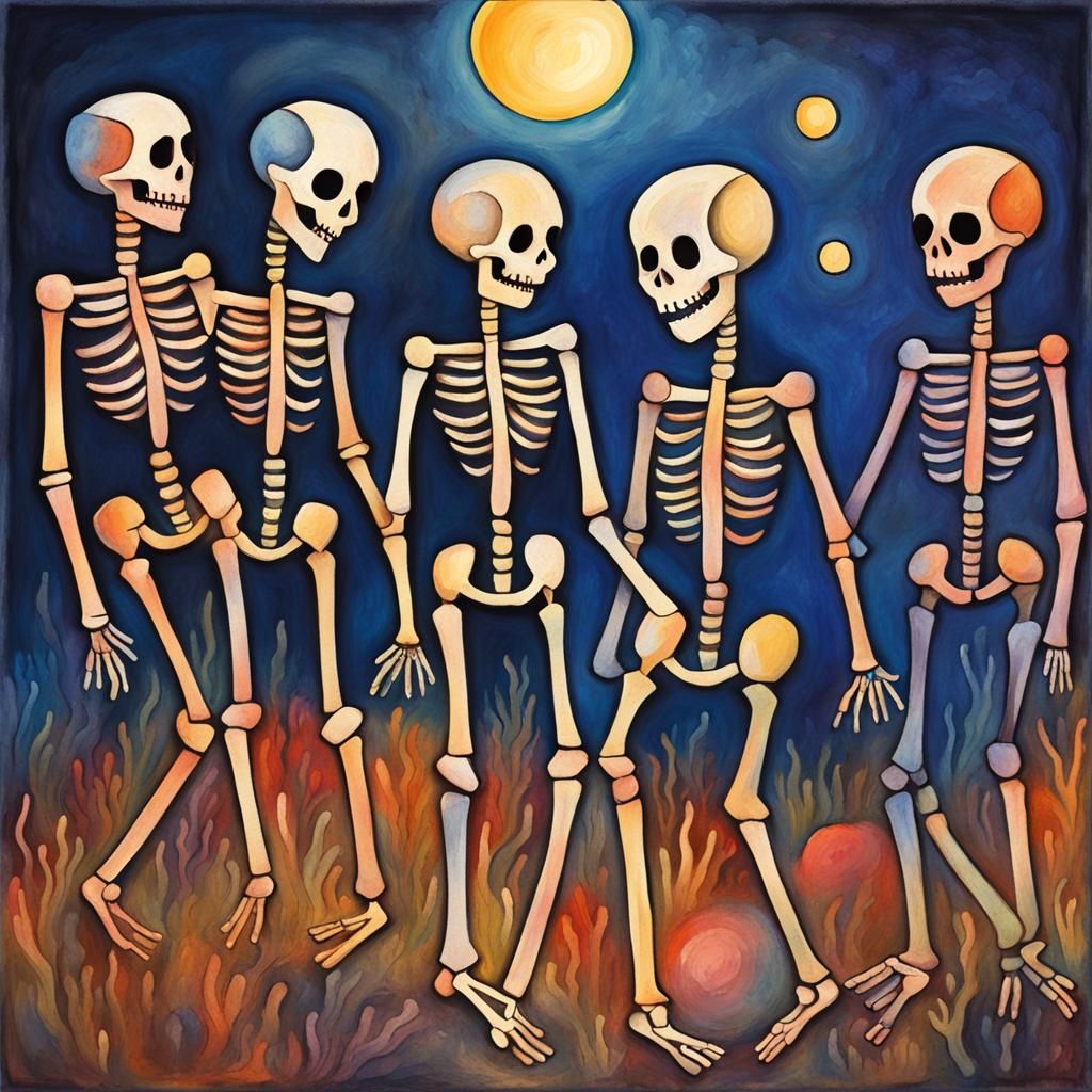 Moonlit Skeletons Dance: Impressionist Gouache Painting