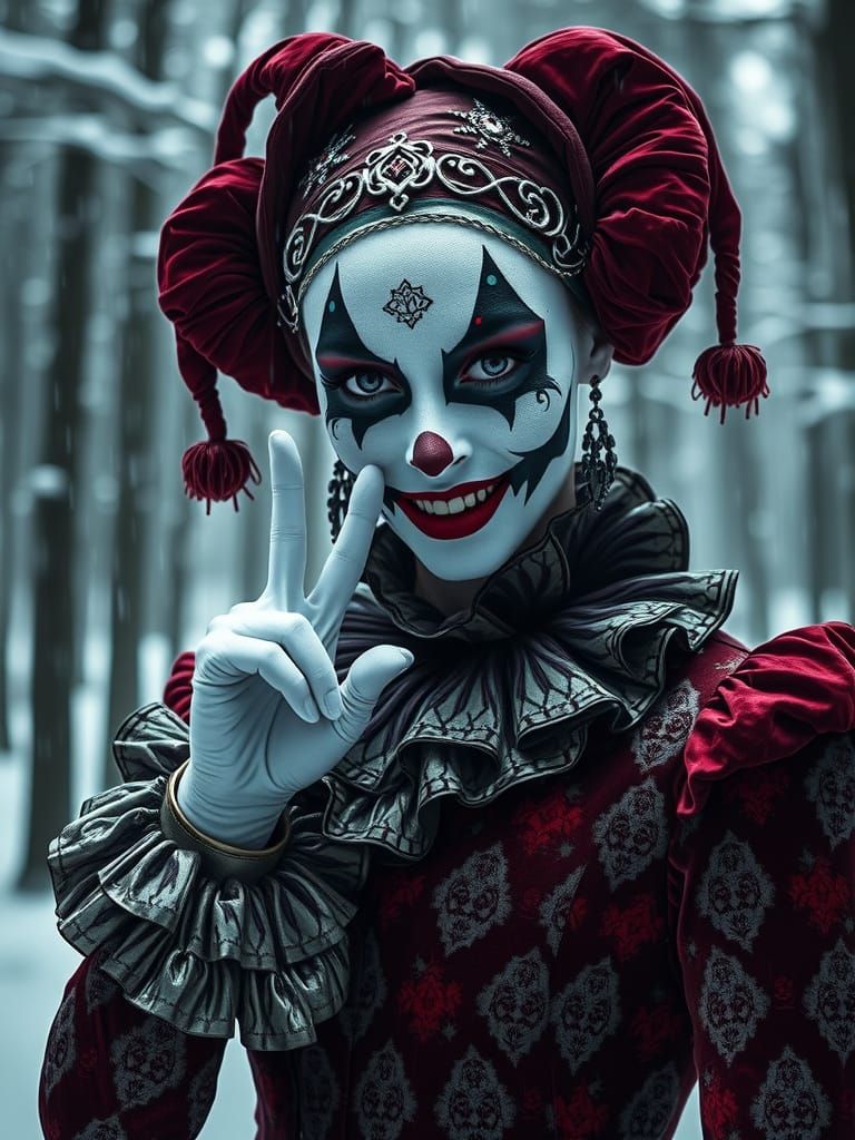 Harlequin Woman in Victorian Attire, Cinematic Detail
