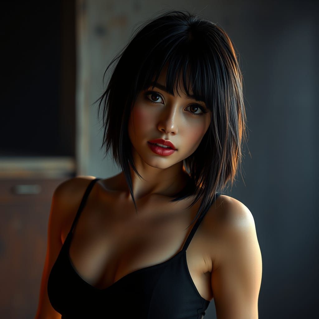 Hyperrealistic Woman in Black Dress, Cinematic Lighting