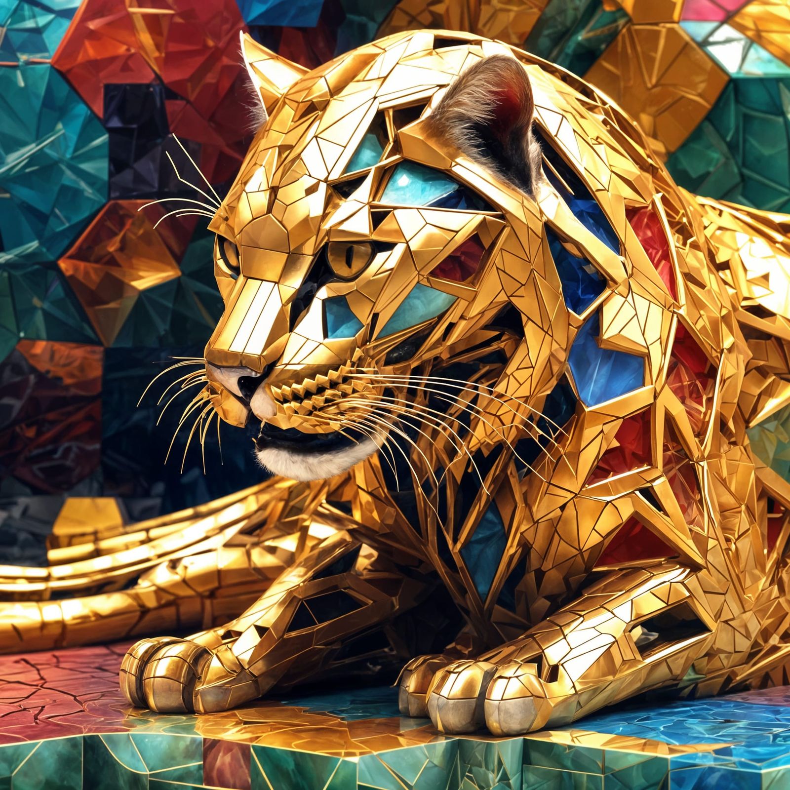 Smilodon in Psychedelic Geometric Puzzle, Surrealist Digital...