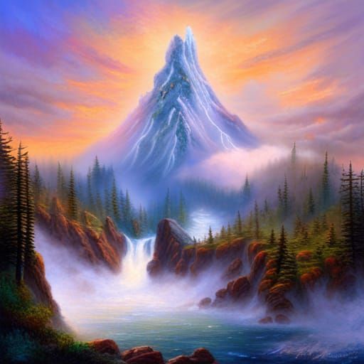 Ethereal Fantasy Castle and Volcano in Kinkade Style