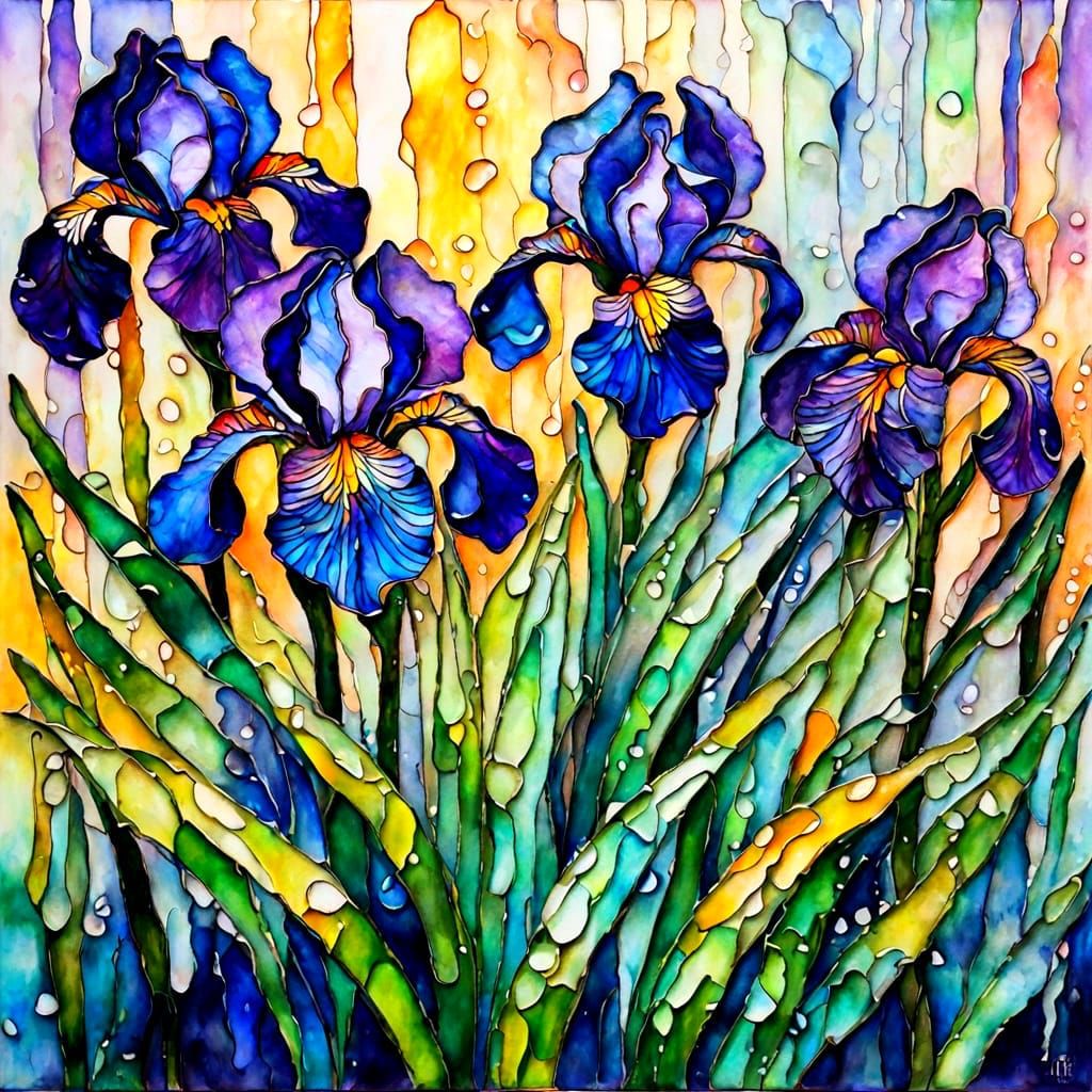 alcohol ink, stained glass irises in rain watercolor