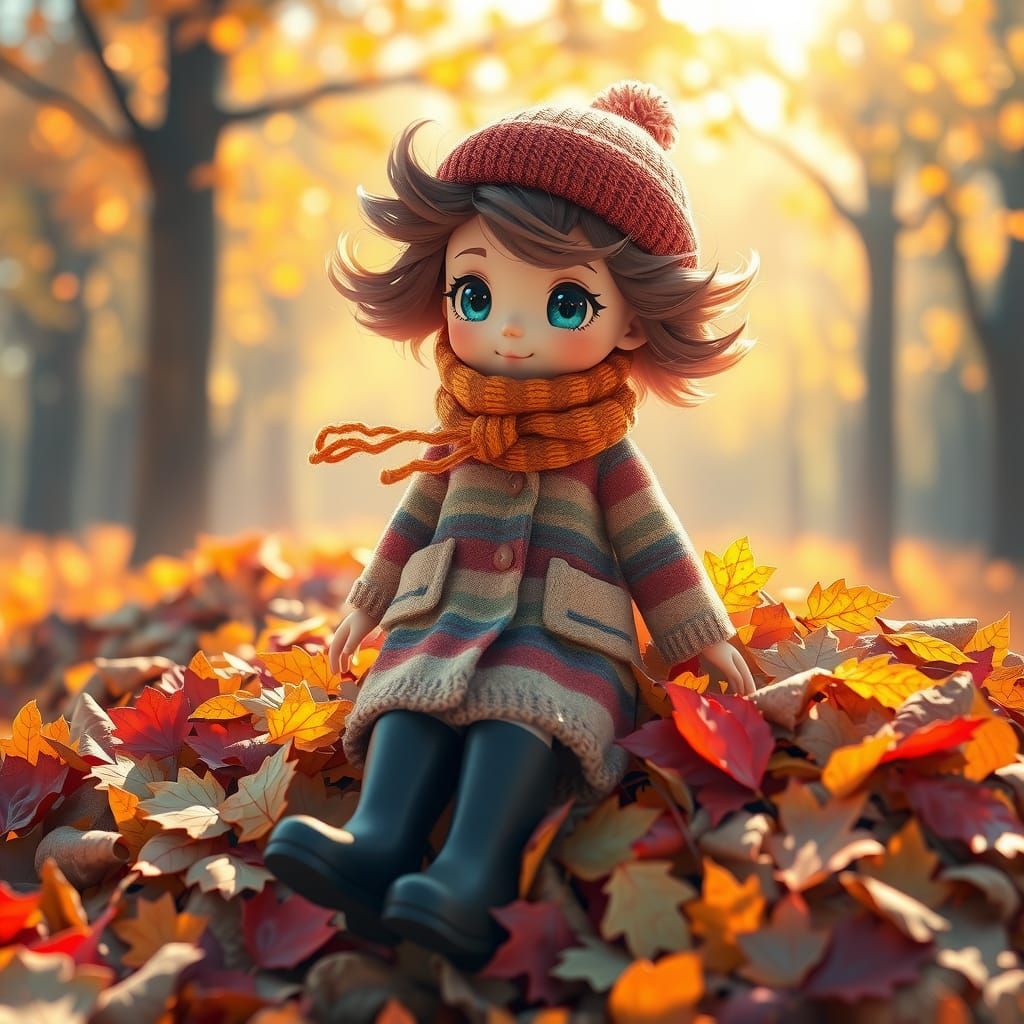 A doll with a cute girl figure, sitting in a pile of autumn ...