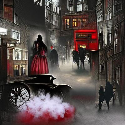 1880s misty London street, vampire roams the streets looking...