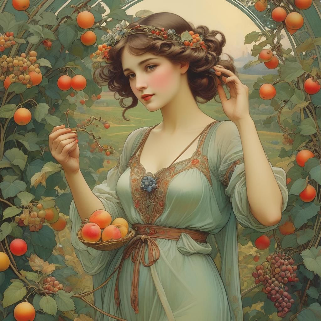 in art nouveau style a beautiful woman picking fruit in the field.