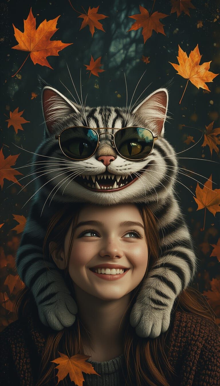 Photorealistic Cheshire Cat Graces Girl's Shoulder Amidst Au...
