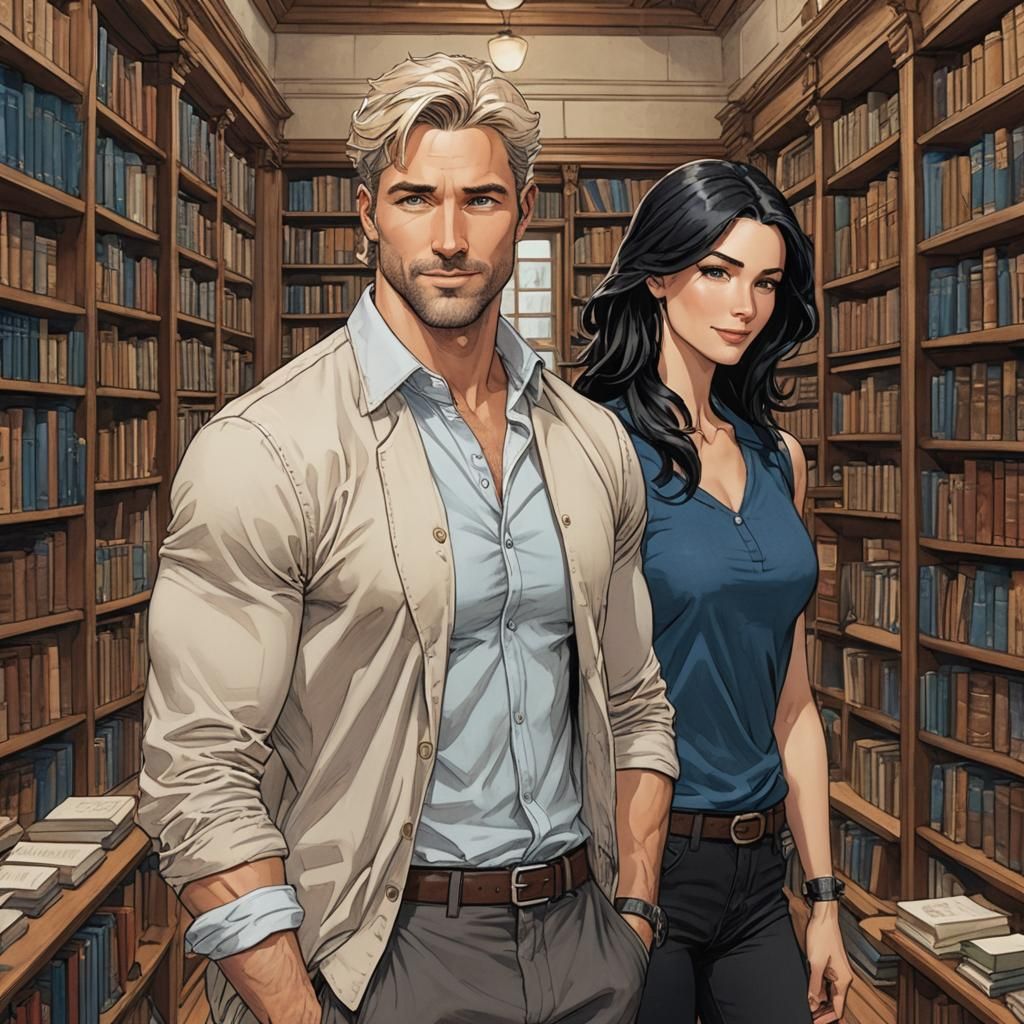 Charming Researcher and Woman in Library, Animated Style