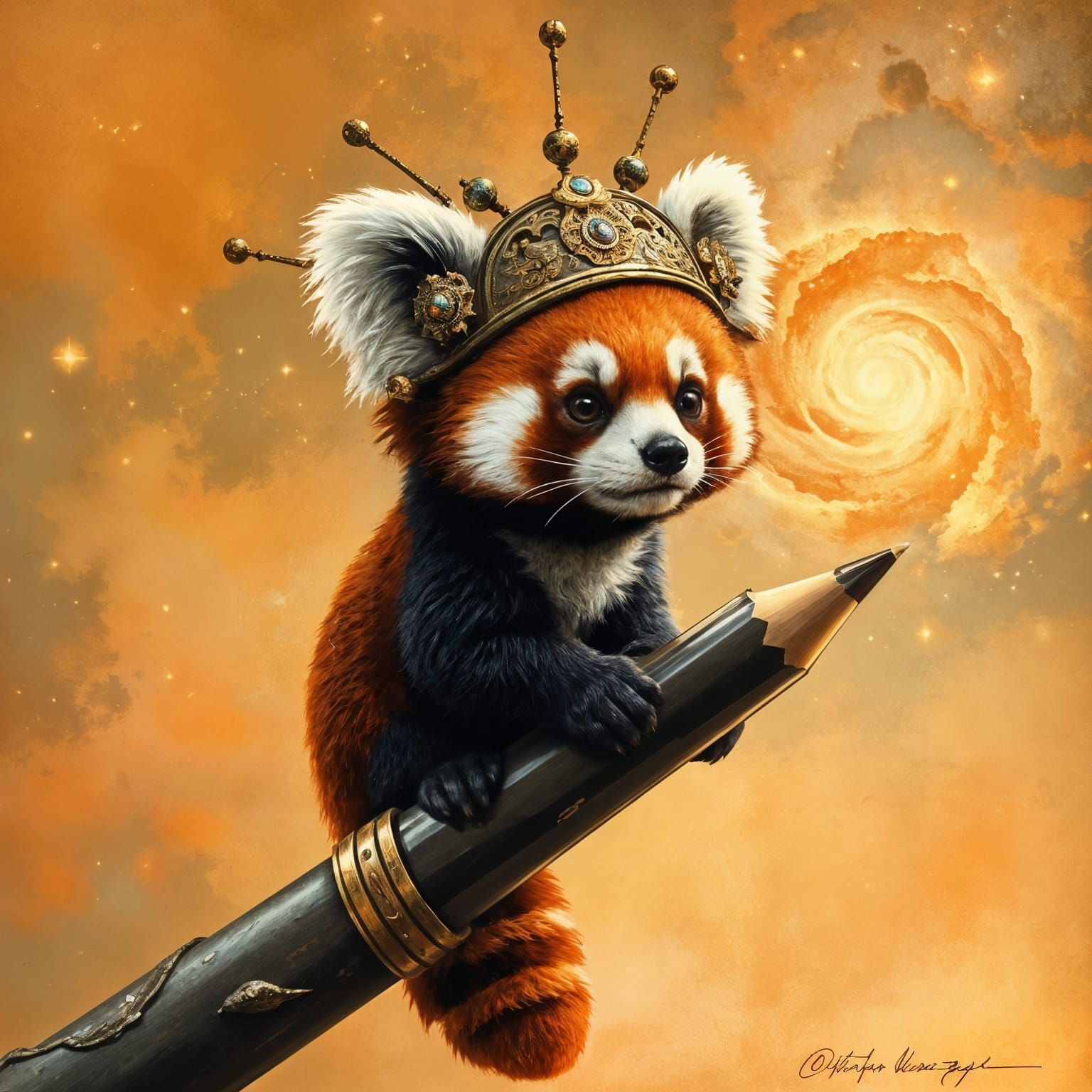 Whimsical Red Panda in Cosmic Headdress on Mechanical Pencil...
