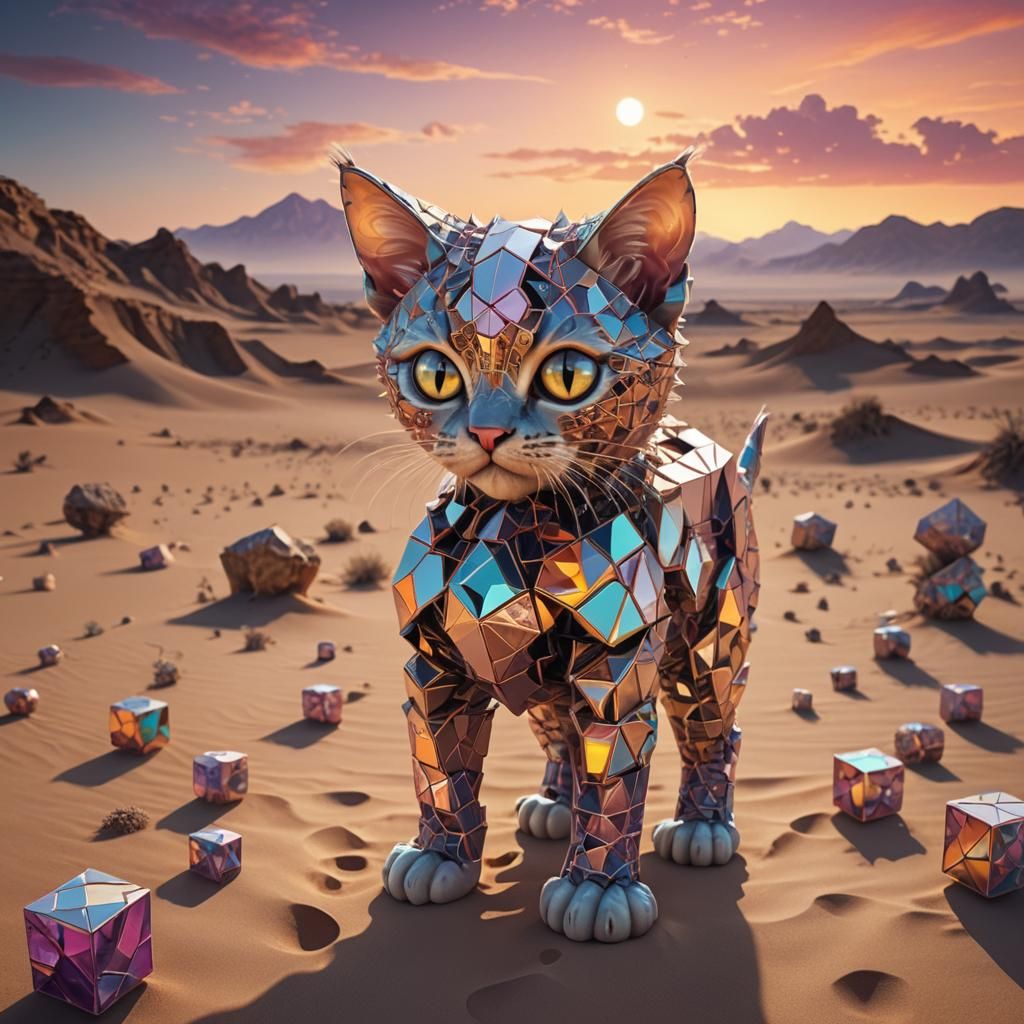 Surreal Kitten Cube Emerges from Digital Desert