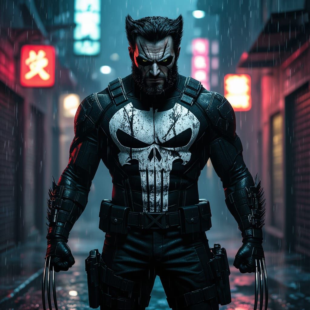 Cinematic Superhero Fusion in Rain-Soaked Alley