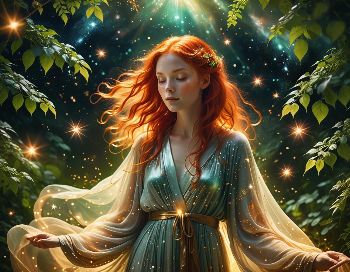 Ethereal Redhead in Starlight: Fantastical Digital Art