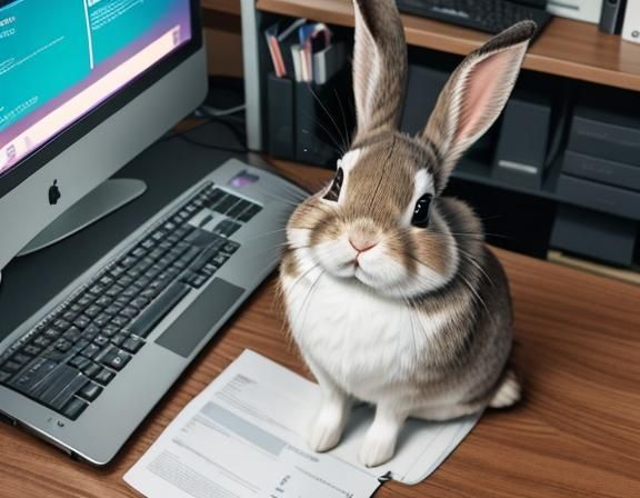 Rabbit at Computer in Office Setting