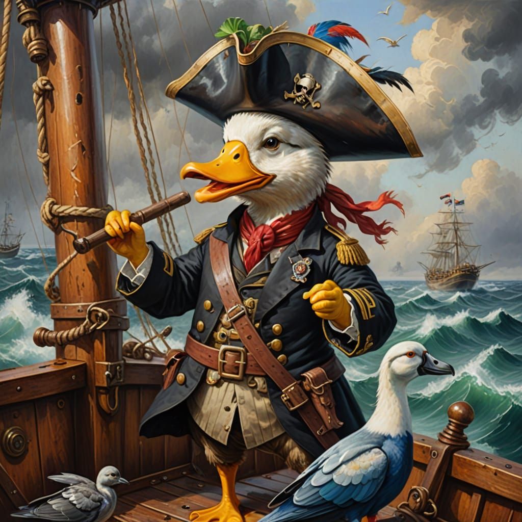 Pirate Duck Captain Sailing Ship: An Oil Painting