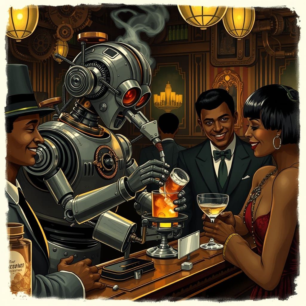 Steampunk Robot Bartender in Vintage Speakeasy