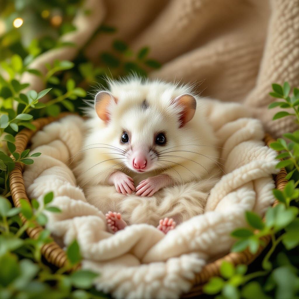 Whimsical Fluffy Possum in Cozy Scene