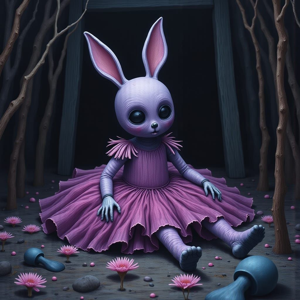 Creepy Pink Bunny Doll in Dimly Lit Attic